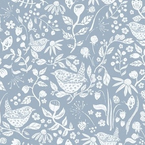 Block Print Textured Wren in Hedgerow with Leaves, Flowers and Berries in Soft Blue and White (Medium)