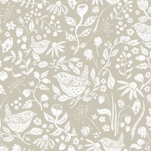 Block Print Textured Wren in Hedgerow with Leaves, Flowers and Berries in Beige and White (Large)