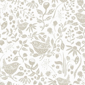 Block Print Textured Wren in Hedgerow with Leaves, Flowers and Berries in White and Beige  (Large)