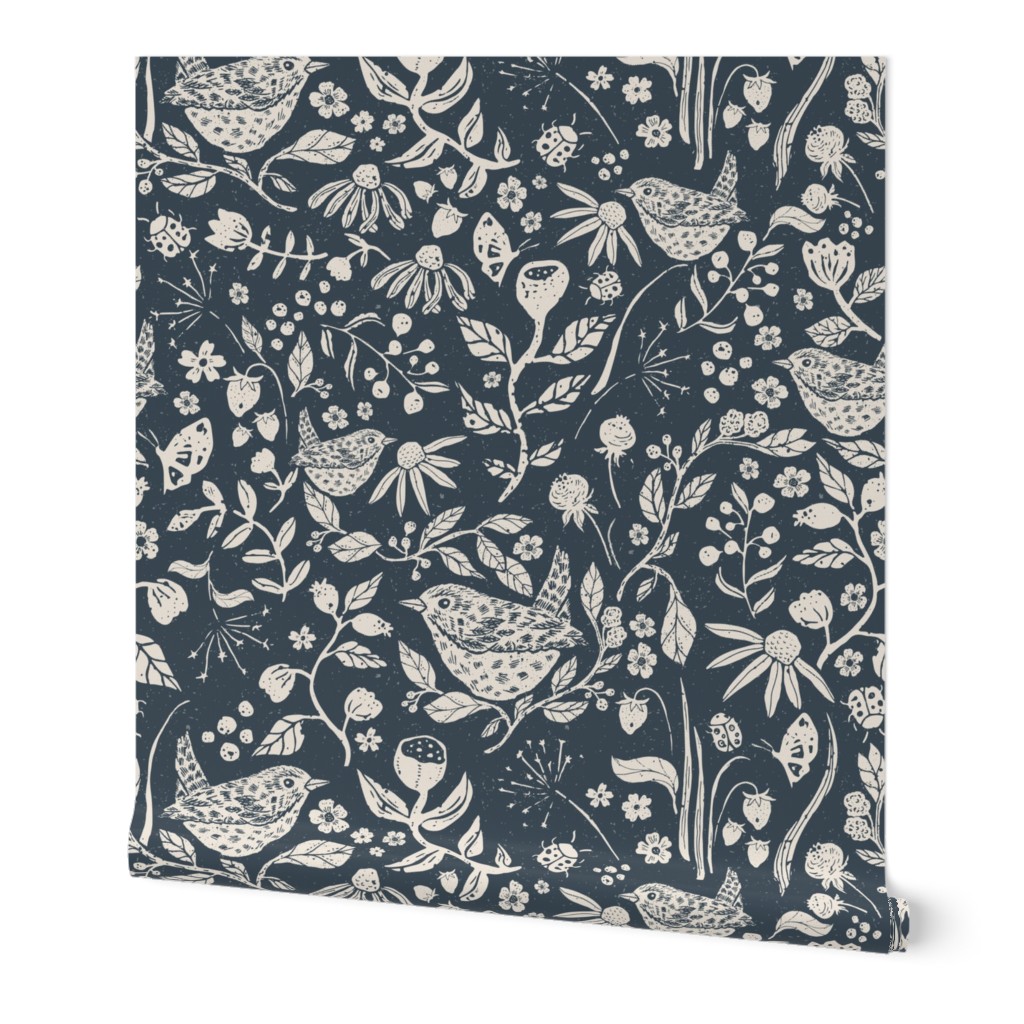 Block Print Textured Wren in Hedgerow with Leaves, Flowers and Berries in Soft Black and White (Large)