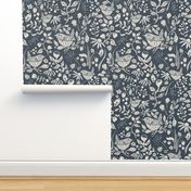Block Print Textured Wren in Hedgerow with Leaves, Flowers and Berries in Soft Black and White (Large)