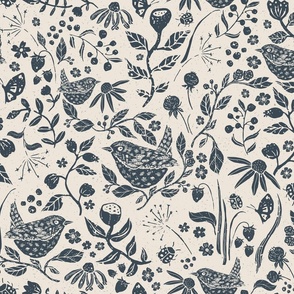 Block Print Textured Wren in Hedgerow with Leaves, Flowers and Berries in White and Soft Black  (Large)