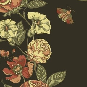 Vintage neutral roses with moths on black