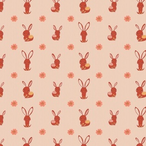 Easter bunnies and flowers in coral, pink, red and brown on an orange or coral background
