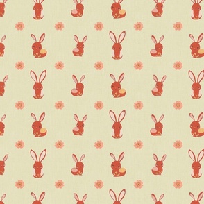 Easter bunnies and flowers in coral, pink, red and brown on a light green or lime background