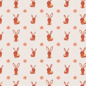 Easter bunnies and flowers in orange, brown, coral and pink on  white background