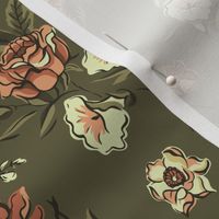 Vintage neutral roses with moths on khaki