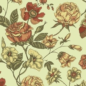 Vintage neutral roses with moths on yellow