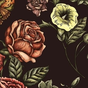 Vintage neutral roses with moths on black