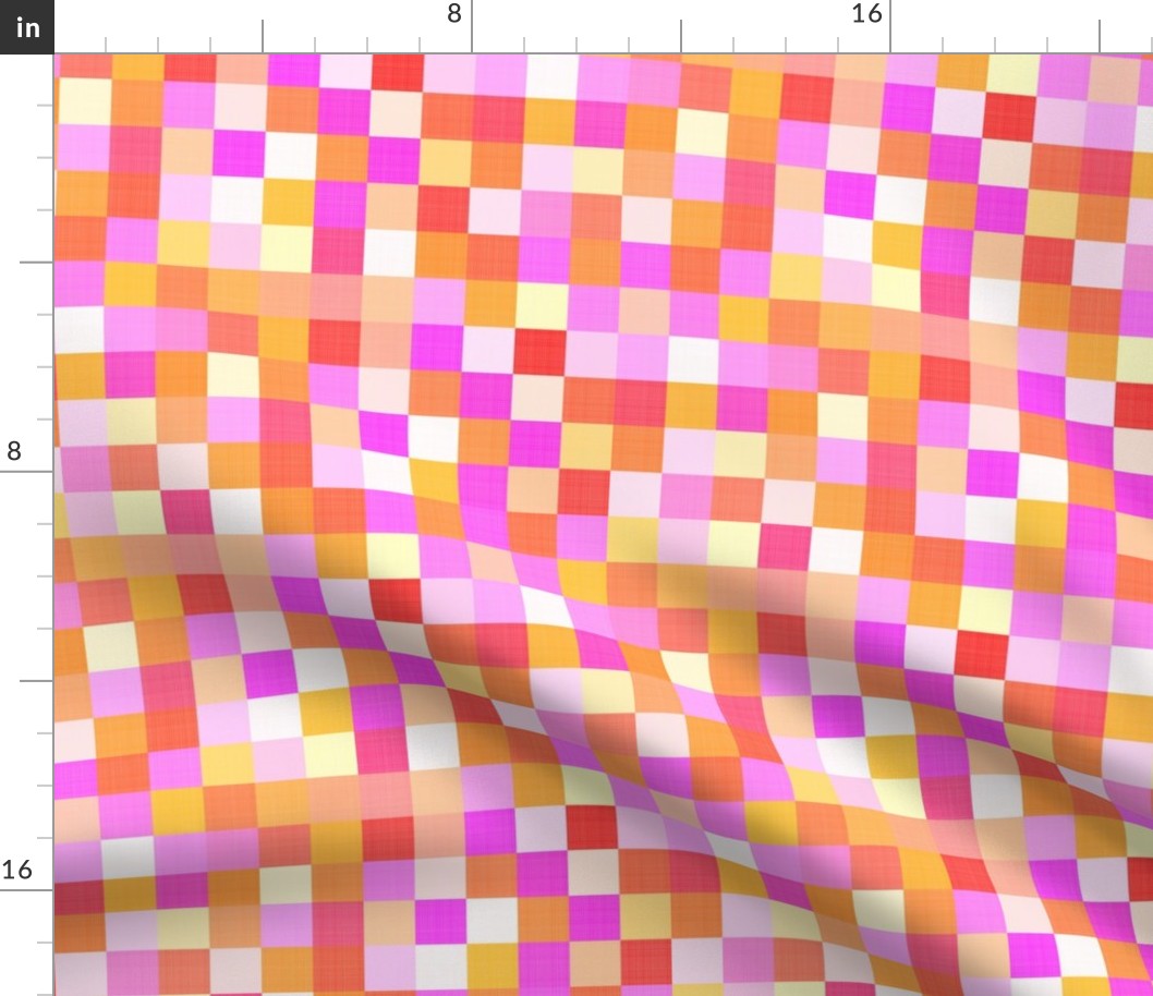 Medium - Cheerful Linen Checkerboard - Summer Sunset - Reds Pinks Oranges