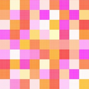 Large - Cheerful Linen Checkerboard - Summer Sunset - Reds Pinks Oranges