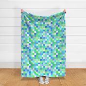 Large - Cheerful Linen Checkerboard - Grass and Sky - Blues and Greens
