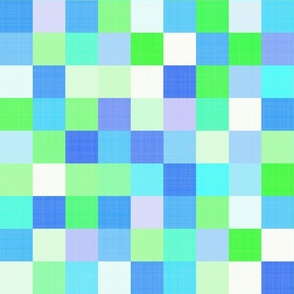 Large - Cheerful Linen Checkerboard - Grass and Sky - Blues and Greens