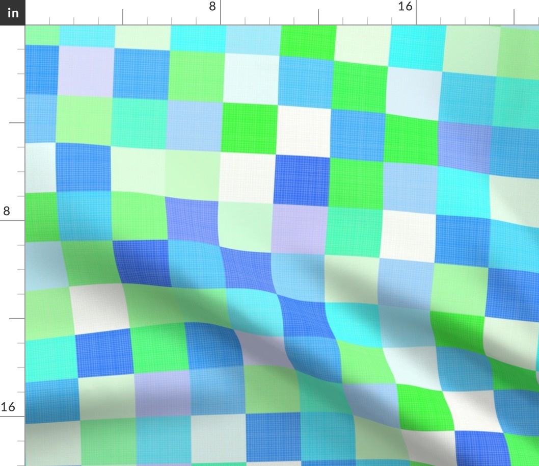 Large - Cheerful Linen Checkerboard - Grass and Sky - Blues and Greens