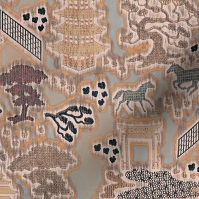 Chinoiserie Horse Farm, Earthen Faux Tapestry