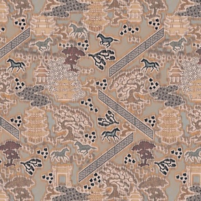 Chinoiserie Horse Farm, Earthen Faux Tapestry