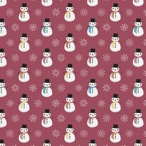 Mini - Cute Geometric Christmas Snowmen & Festive Snowflakes - Claret Red