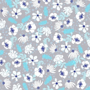 Hula Floral White on Gray 150