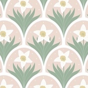 Daffodils in white on pink scallop background
