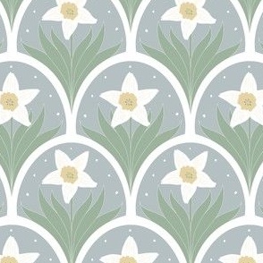 Daffodils in white on blue gray scallop background