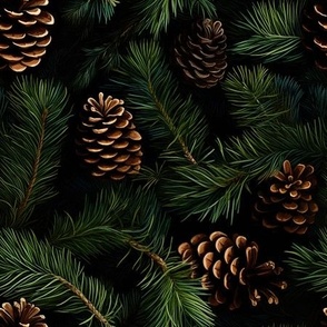 Oil Painted Pinecones and Pine Branches on Black Velvet
