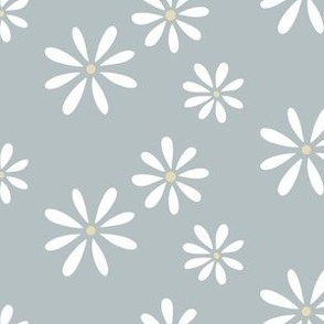 Retro white daisies on blue gray background