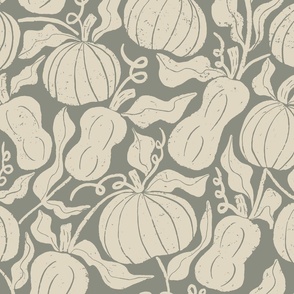 Damask pattern of  pumpkins and gourds surrounded by leaves on an iron grey blue background. (Large)