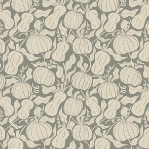 Damask pattern of  pumpkins and gourds surrounded by leaves on an iron grey blue background. (Medium)