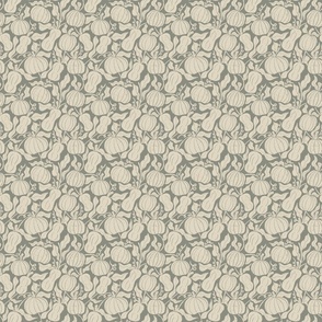 Damask pattern of  pumpkins and gourds surrounded by leaves on an iron grey blue background. (Small)