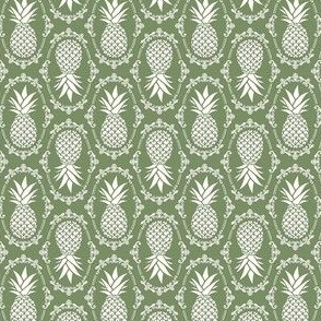 Small Scale Pineapple Fruit Damask Ivory on Sage Green