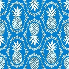 Medium Scale Pineapple Fruit Damask Ivory on Bluebell