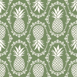 Large Scale Pineapple Fruit Damask Ivory on Sage Green