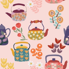 Fancy Teapots and Coffee pots In pink background 