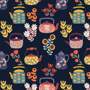 Fancy Teapots and Coffee pots In navy blue background