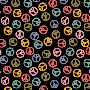 Funky Retro Grainy Painted Peace Signs - Rainbow Colors on Black - Large - 12x12