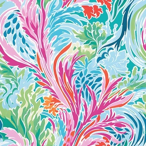 Whirley Twirls -Pinks/Blue on Lilly Teal Wallpaper 