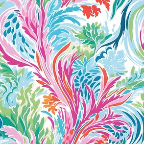 Whirley Twirls -Pinks/Blue on White Wallpaper 