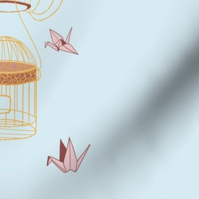Hot Air Balloon with a Golden Cage & Pink Paper Cranes with Blue Sky