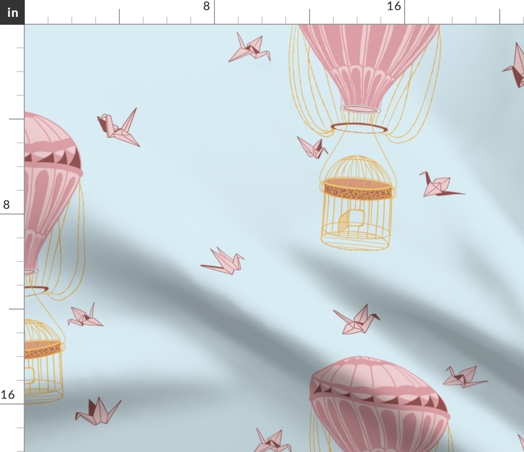 Hot Air Balloon with a Golden Cage & Pink Paper Cranes with Blue Sky