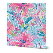 Lilly's Bouquet- Pink/Cyan on White Wallpaper - New