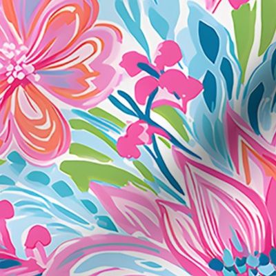 Lilly's Bouquet- Pink/Cyan on White Wallpaper - New