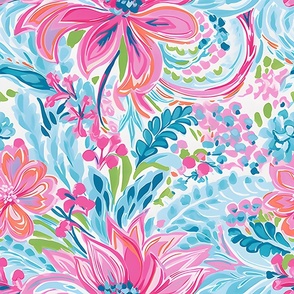 Lilly's Bouquet- Pink/Cyan on White Wallpaper - New