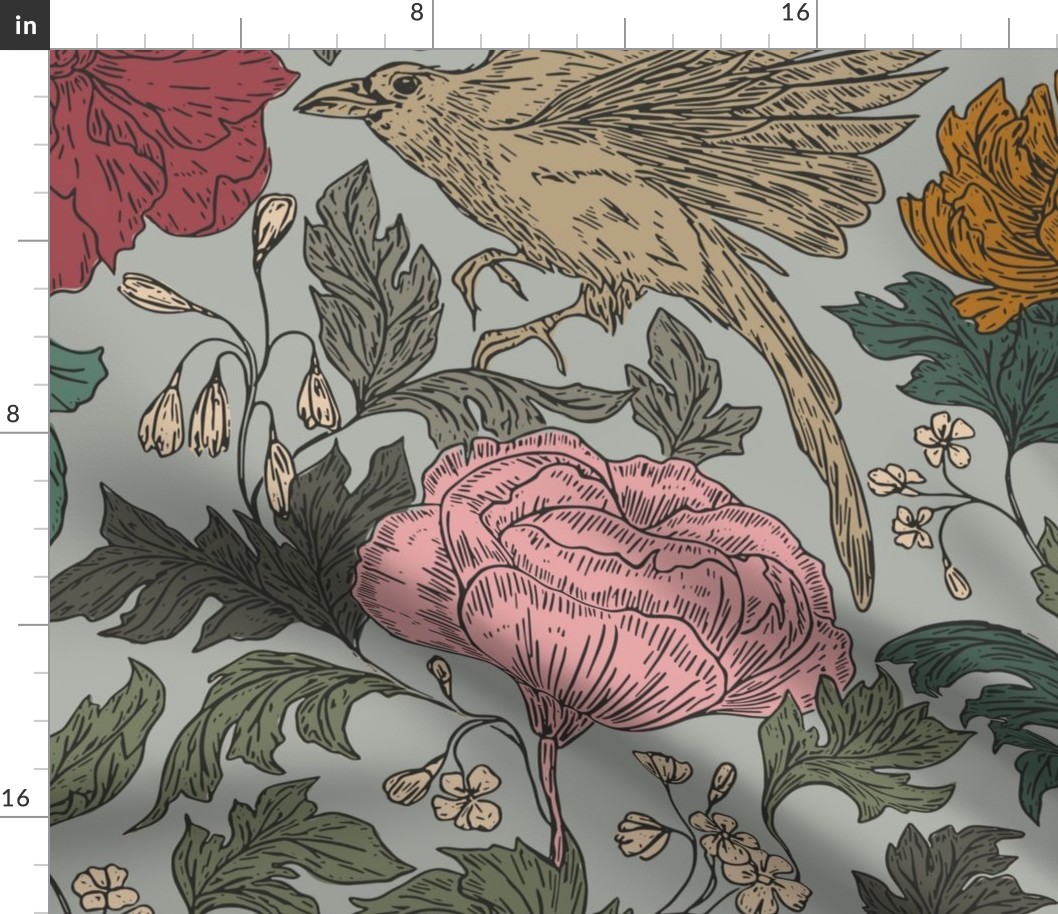 (L) summer garden blockprint pattern with birds and large florals in full colour