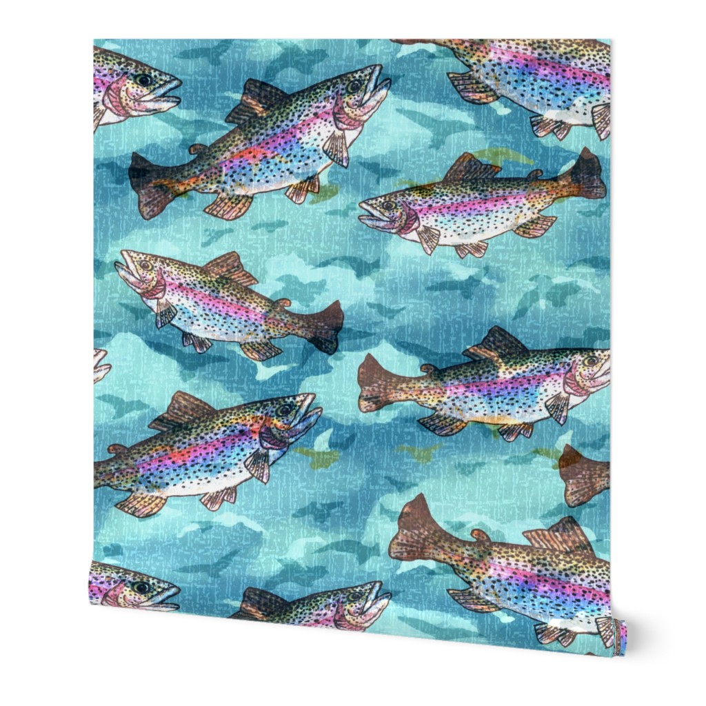 Surrealist Flying Rainbow Trout in the Sky with Birds