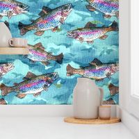 Surrealist Flying Rainbow Trout in the Sky with Birds