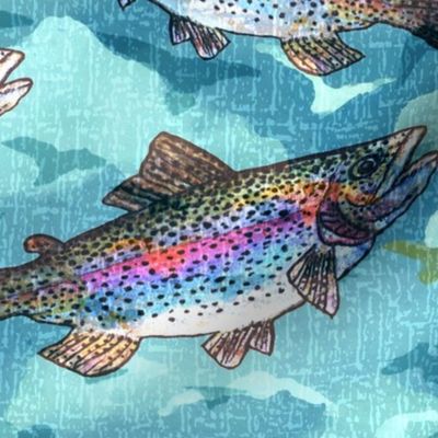 Surrealist Flying Rainbow Trout in the Sky with Birds