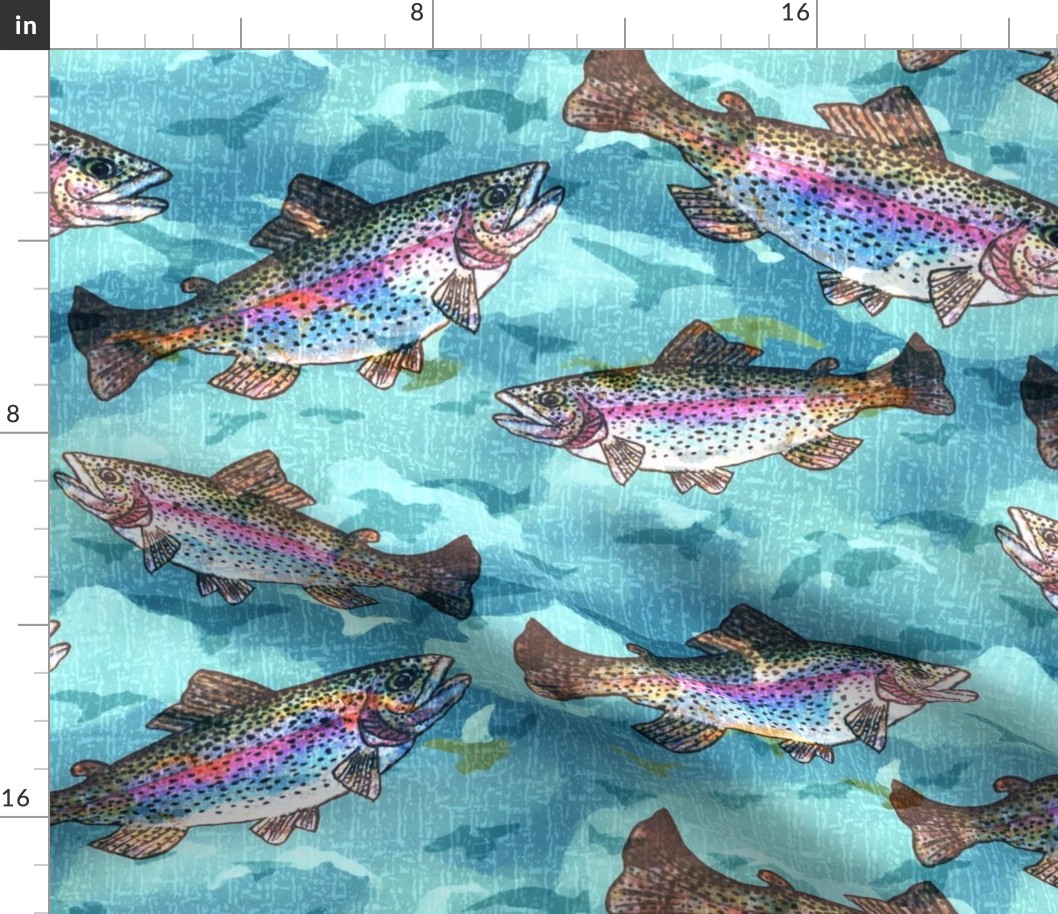 Surrealist Flying Rainbow Trout in the Sky with Birds