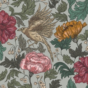 (L) summer garden blockprint vintage palette with highlights, large florals and birds