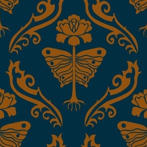 butterfly damask mustard and blue 