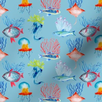 Sea life with watercolor hand-painted blue jellyfish, algaes, and fishes light blue background (Under the sea collection)